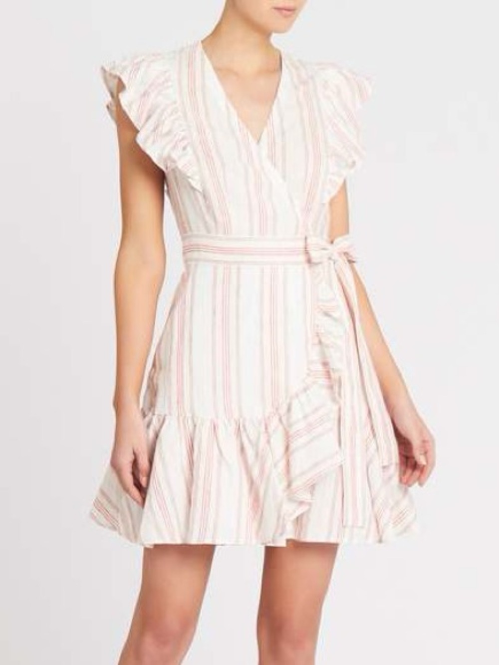 Rebecca Taylor Linen Wrap Dress Striped Yarn Dyed Ruffle Mini vacation coquette